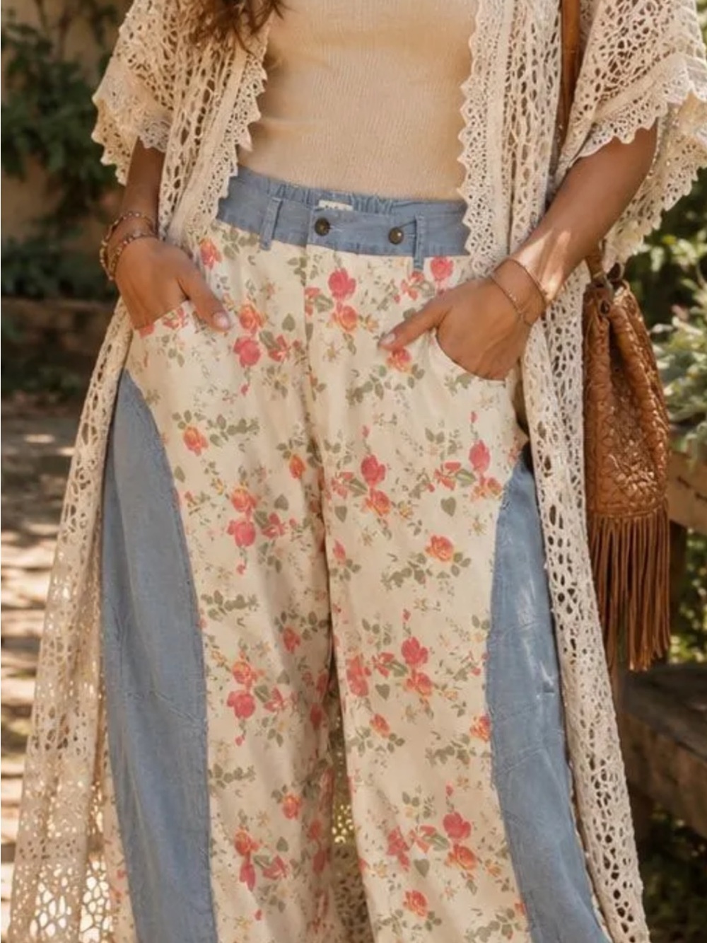 POL Floral Panel Wide-Leg Pants in Cream & Light Blue